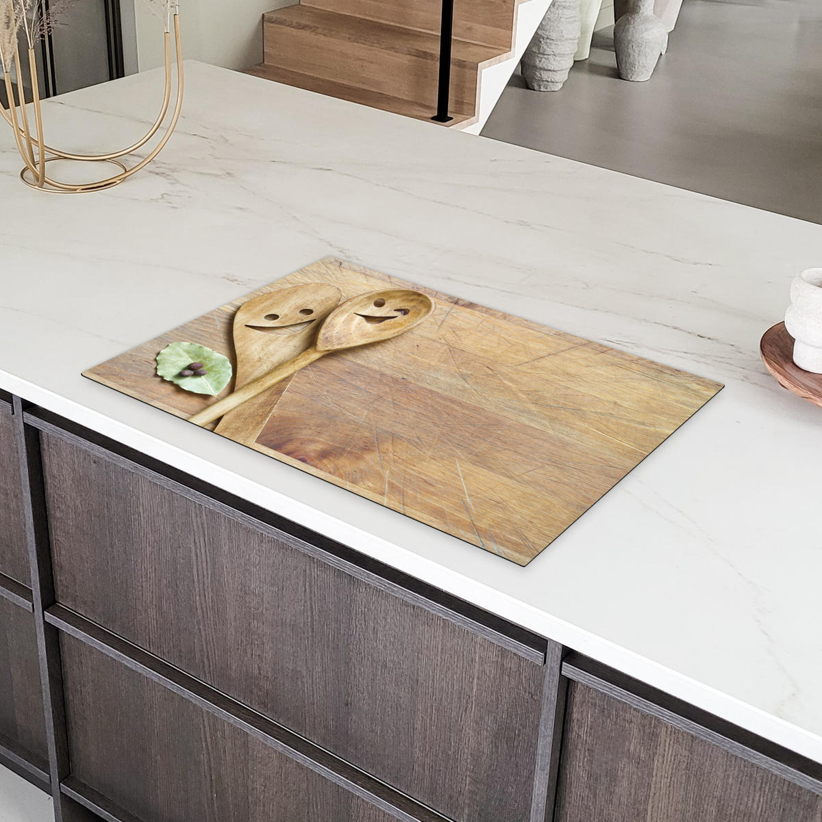 HERDABDECKPLATTE Holz - Löffel - Braun - Smiley Abdeckung Ceranfeld 81.2x52 cm - Hellbraun, Kunststoff (81.2/52/0.2cm) - MuchoWow