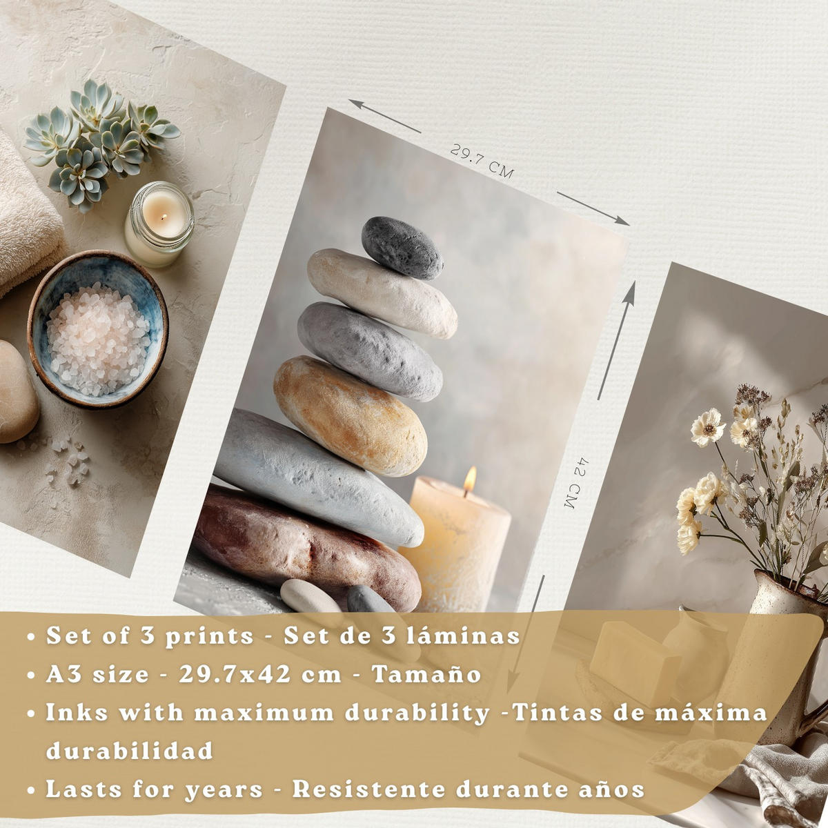 POSTER 3er-Set dekorative Badezimmer Kunstdrucke, Zen-Spa-Stil, minimalistische Bilder mit Steinen, Kerzen und Blumen, Schwarzer Rahmen A3 - Schwarz, Papier (42/29.7/3cm) - Nacnic