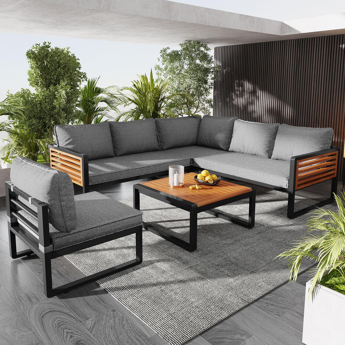 LOUNGESET Modern Grau Mit Verzinktem Rahmen & Holzarmlehnen - Grau, Metall - FLIEKS