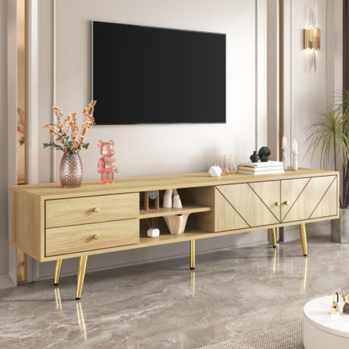 LOWBOARD Holzoptik mit schräger Rillenfront & goldenen Metallfüßen 160×36×42 cm aus MDF und Spanplatte - Zwetschgeholzfarben, Holzwerkstoff (160/42/36cm) - Luhomfu