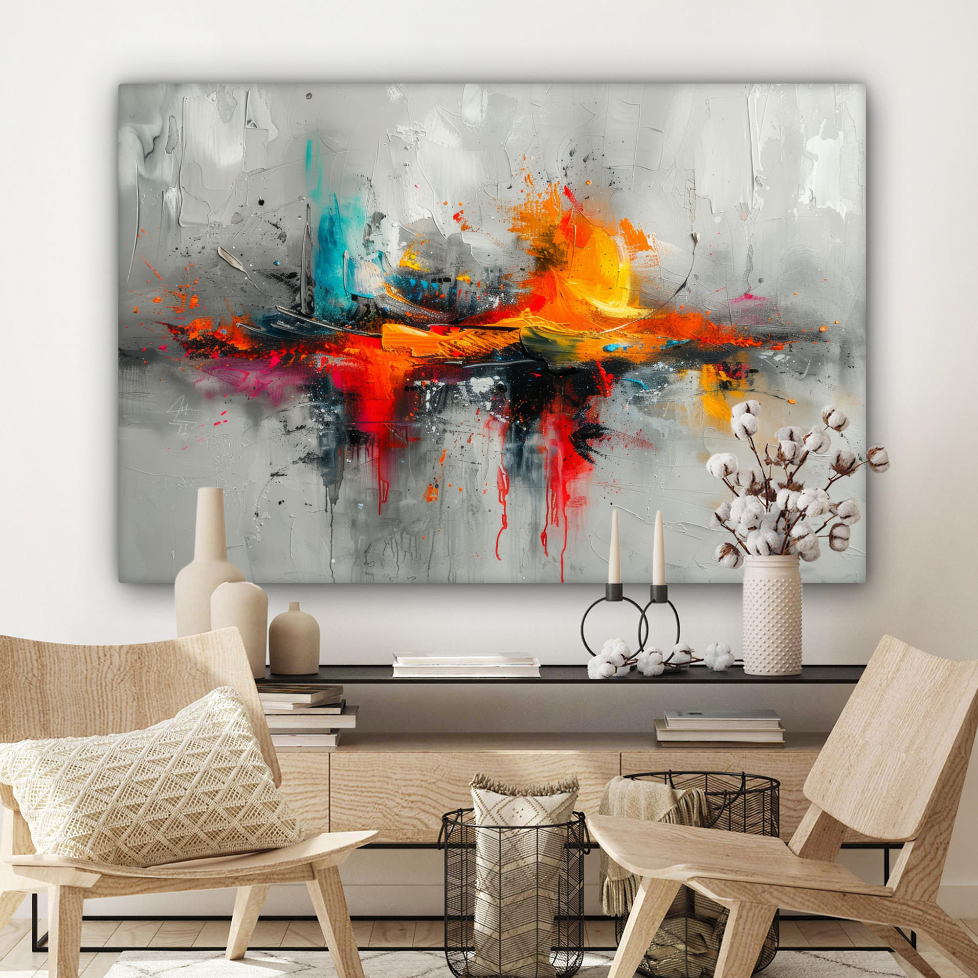 LEINWANDBILD Moderne Kunst - Orange - Grau - Abstrakt XXL 150x100 cm - Hellgrau, Textil (150/100cm) - MuchoWow