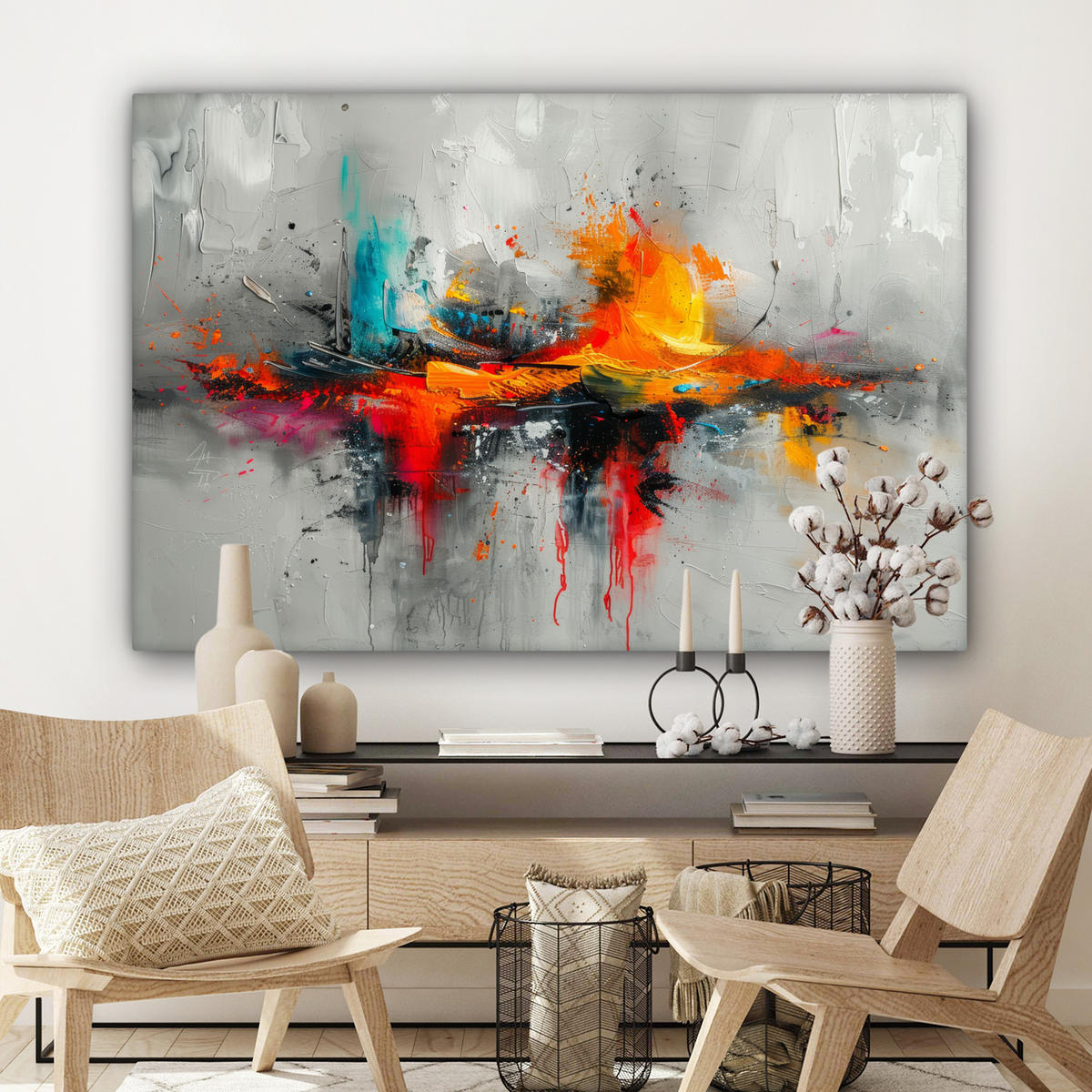 LEINWANDBILD Moderne Kunst - Orange - Grau - Abstrakt Wohnzimmer 120x80 cm - Hellgrau, Textil (120/80cm) - MuchoWow