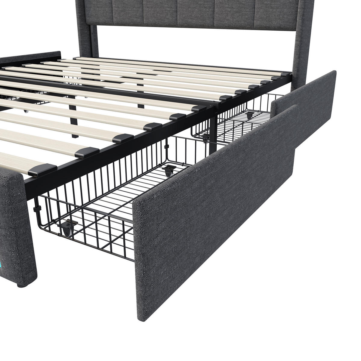 POLSTERBETT 140x200 cm mit Stauraumkopf und 4 Schubladen, LED-Leisten, USB-/Typ-C, Leinenstoff, Grau - Grau, Holz (140/200cm) - BRILVERDE