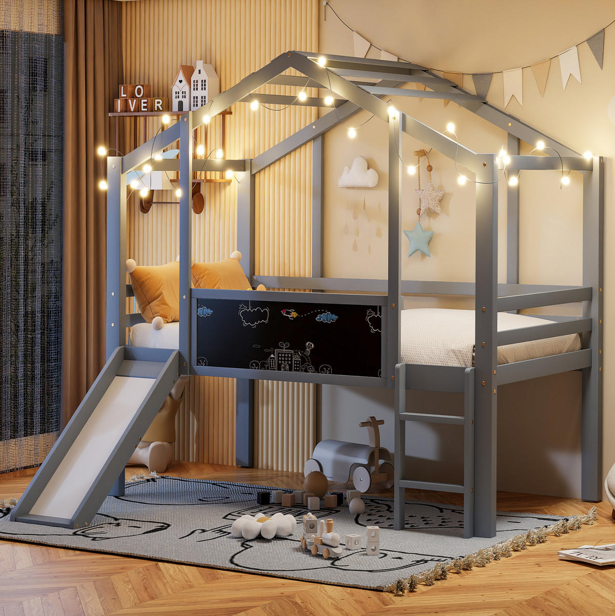 HAUSBETT 90/200 cm Grau aus Massivholz mit Rutsche und Tafel - Grau, Holz (90/200cm) - OKMYHOME