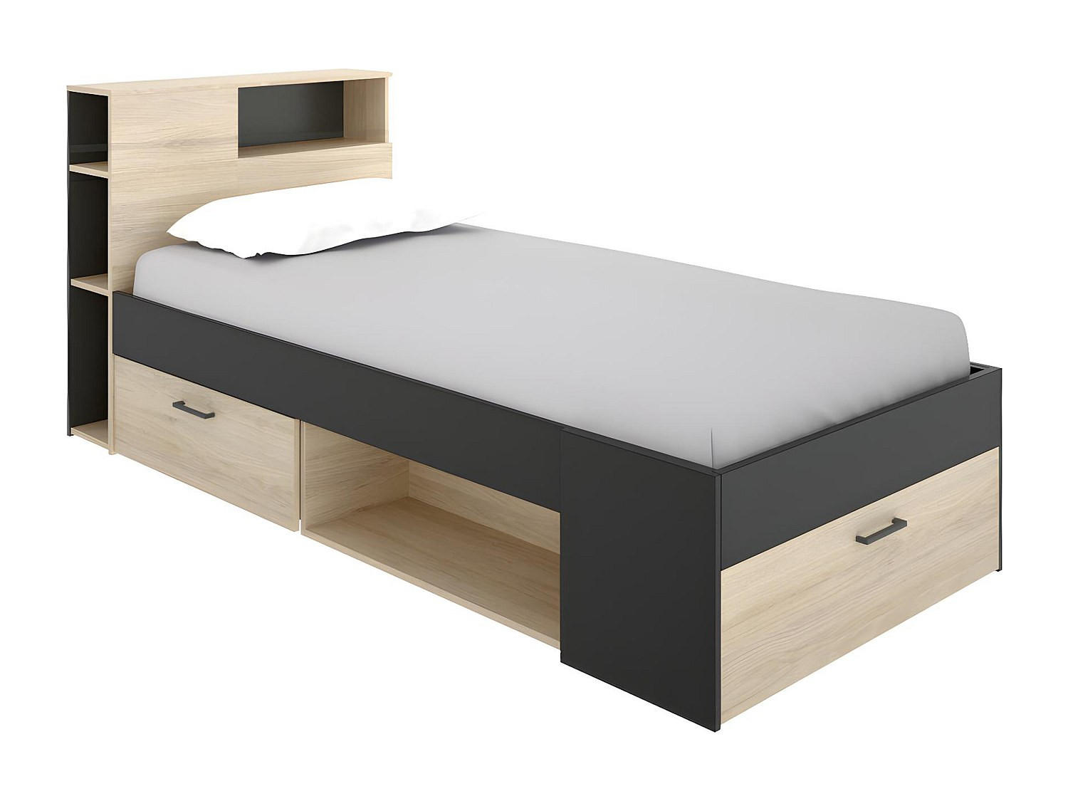 BETT mit Kopfteil, Stauraum & Schublade - 90 x 190 cm - Naturfarben & Anthrazit - LEANDRE - Anthrazit, Holz (99.5/218.5cm) - Vente-Unique