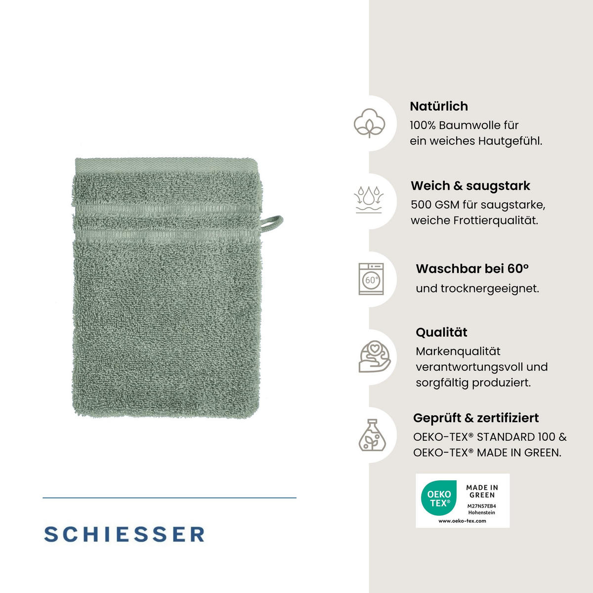WASCHHANDSCHUHSET Milano - 5-teilig - 16x22 cm - Hellgrün - Hellgrün, Textil (16/22cm) - SCHIESSER