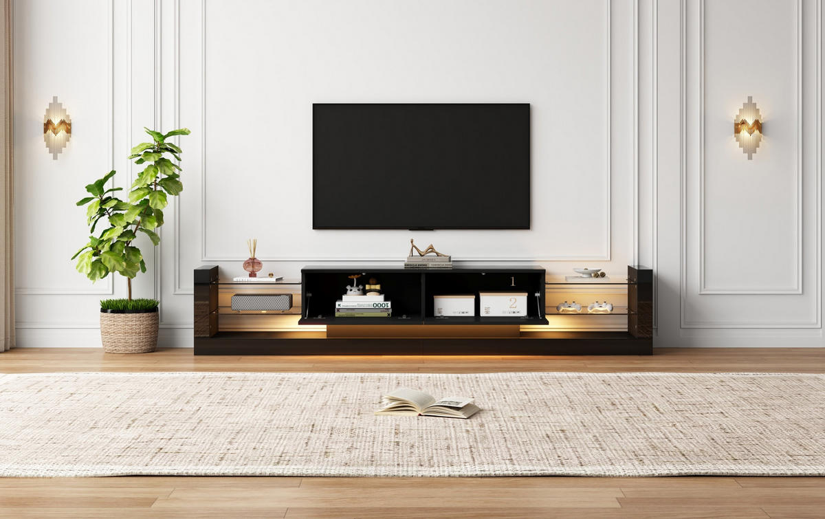 TV-SCHRANK 181/38/38 cm schwarz Spanplatte mit LED-Beleuchtung und zwei klappbaren Schubladen - Schwarz, Holzwerkstoff (181/38/38cm) - OKWISH