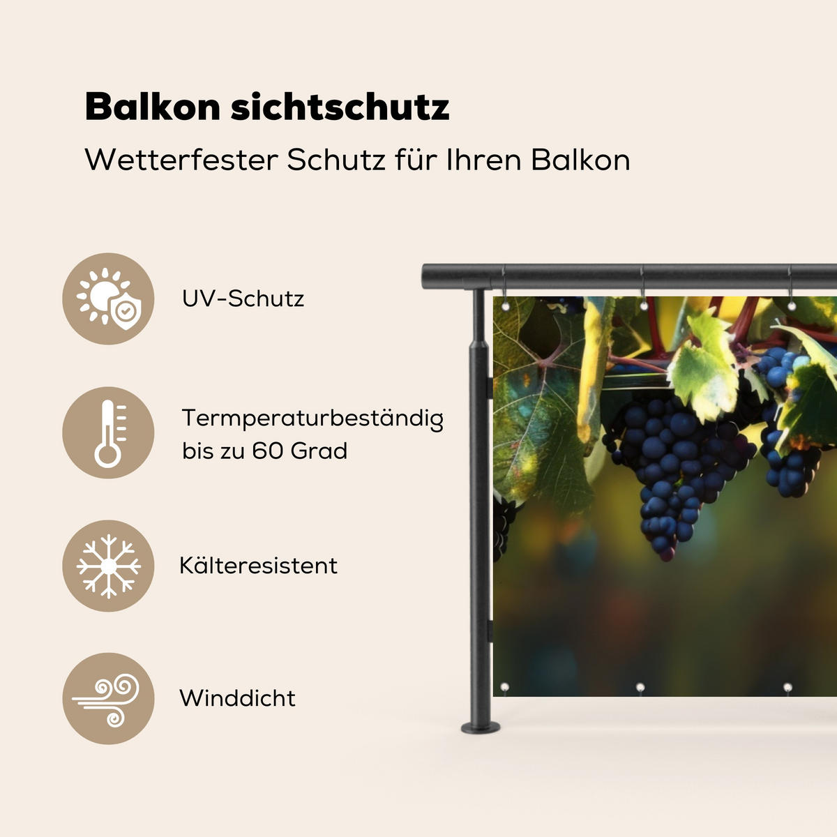 BALKON-SICHTSCHUTZ Trauben - Wein - Natur - Grün - Weinrot, Kunststoff (300/100cm) - MuchoWow