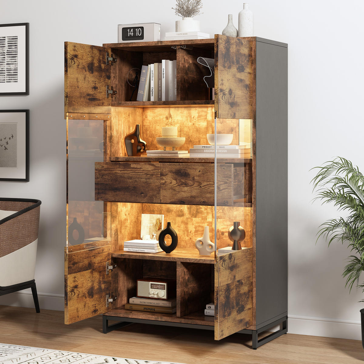 VITRINE LED Standvitrine 2 Schubladen Acryl Schwarz Holz - Multicolor, Holzwerkstoff (80/138/40cm) - FLIEKS