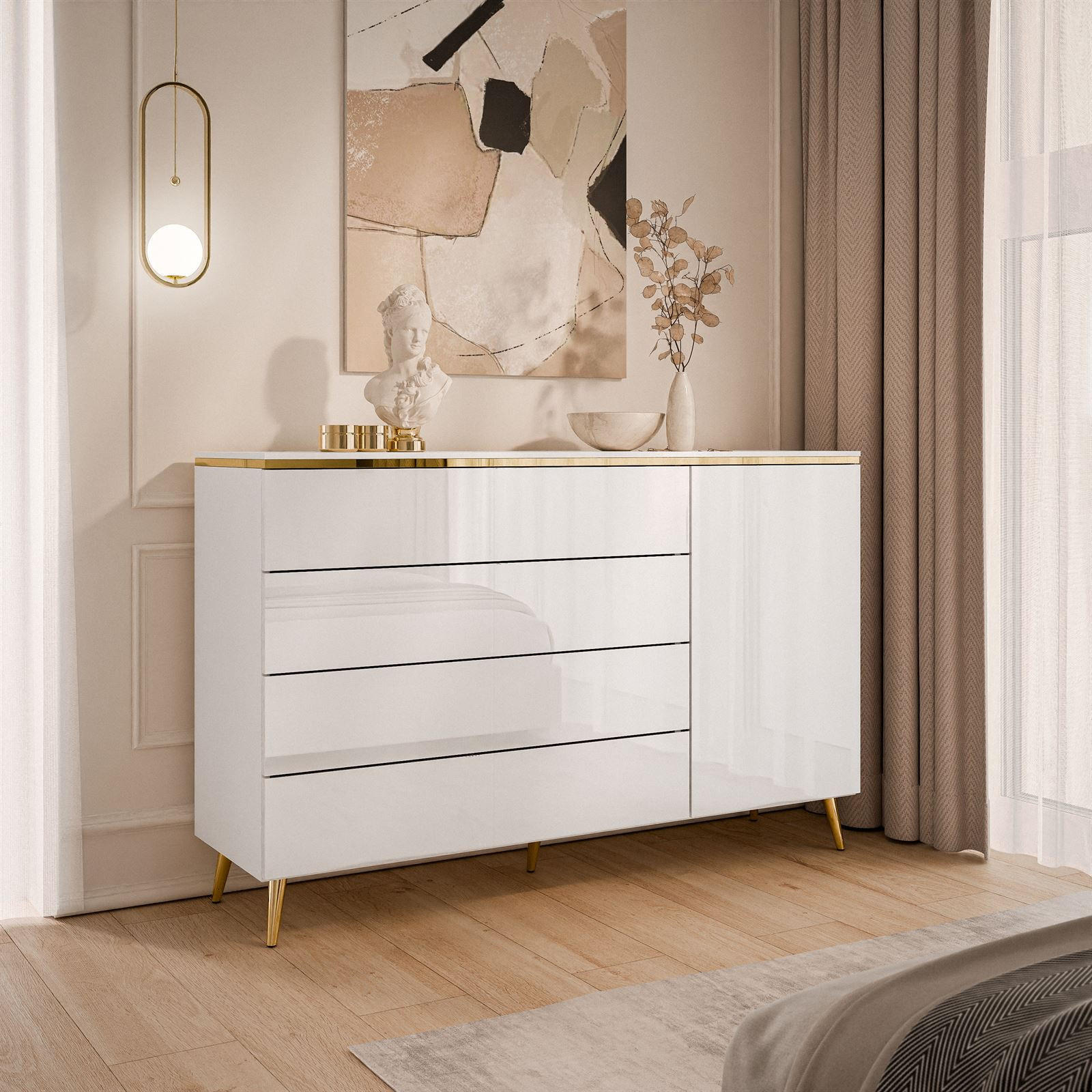 KOMMODE AURORA 4S1D Weiß / Weiß hochglanz mit schräge Goldchrom Fuße - Weiß Hochglanz/Goldfarben, Holzwerkstoff/Metall (140/90/40cm) - Lookway