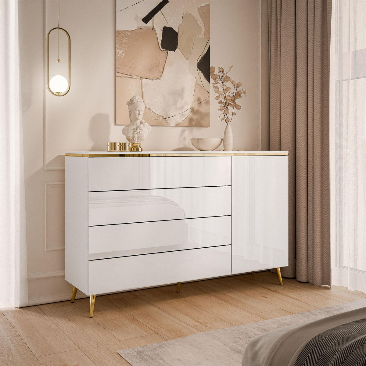 KOMMODE AURORA 4S1D Weiß / Weiß hochglanz mit schräge Goldchrom Fuße - Weiß Hochglanz/Goldfarben, Holzwerkstoff/Metall (140/90/40cm) - Lookway