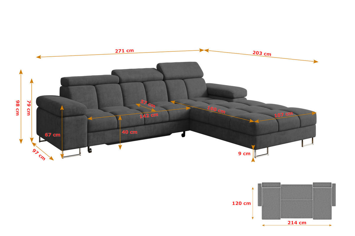 ECKSOFA mit Schlaffunktion Ottomane Rechts COMA L 271x203x79 Dunkelgrau Velours - Dunkelgrau, Holzwerkstoff/Textil (203/271cm) - ALTDECOR