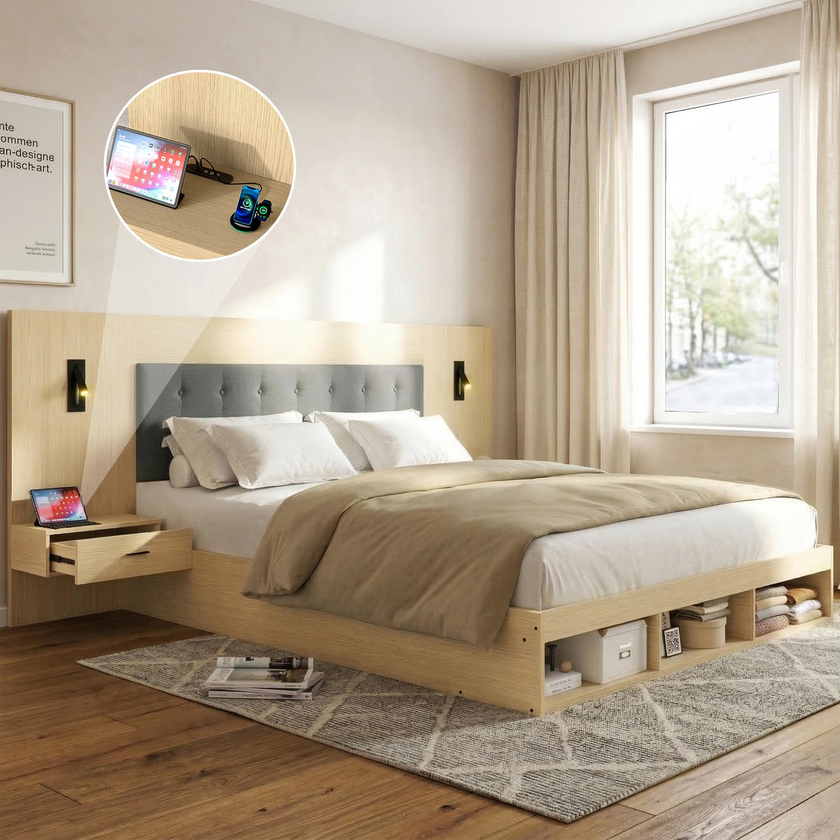 DOPPELBETT 180x200cm mit 2 Nachttische, Heller Eichenfarbe - Eichefarben, Holz (180/200cm) - KOMHTOM