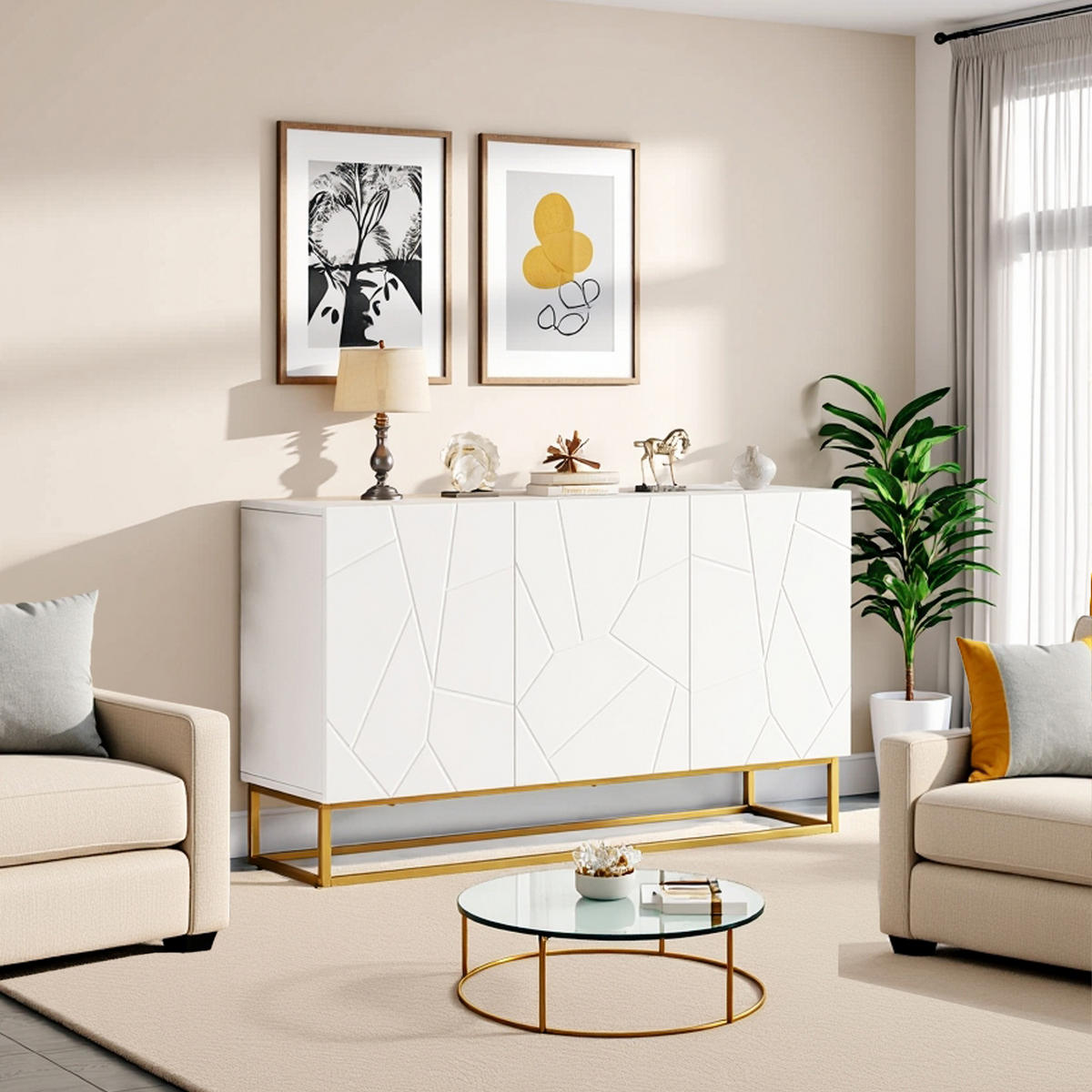 SIDEBOARD mit Goldbeinen und 3 Türen, 130/36/76cm - Weiß, Holzwerkstoff (130/76/36cm) - Urban Meuble
