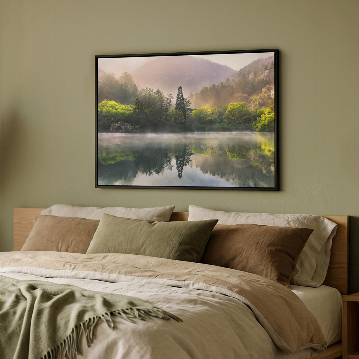 LEINWAND Bilder mit Rahmen - Natur - Bäume - Berge - See - Wasser - 70x50 - Hellgrün, Textil (70/50cm) - MuchoWow