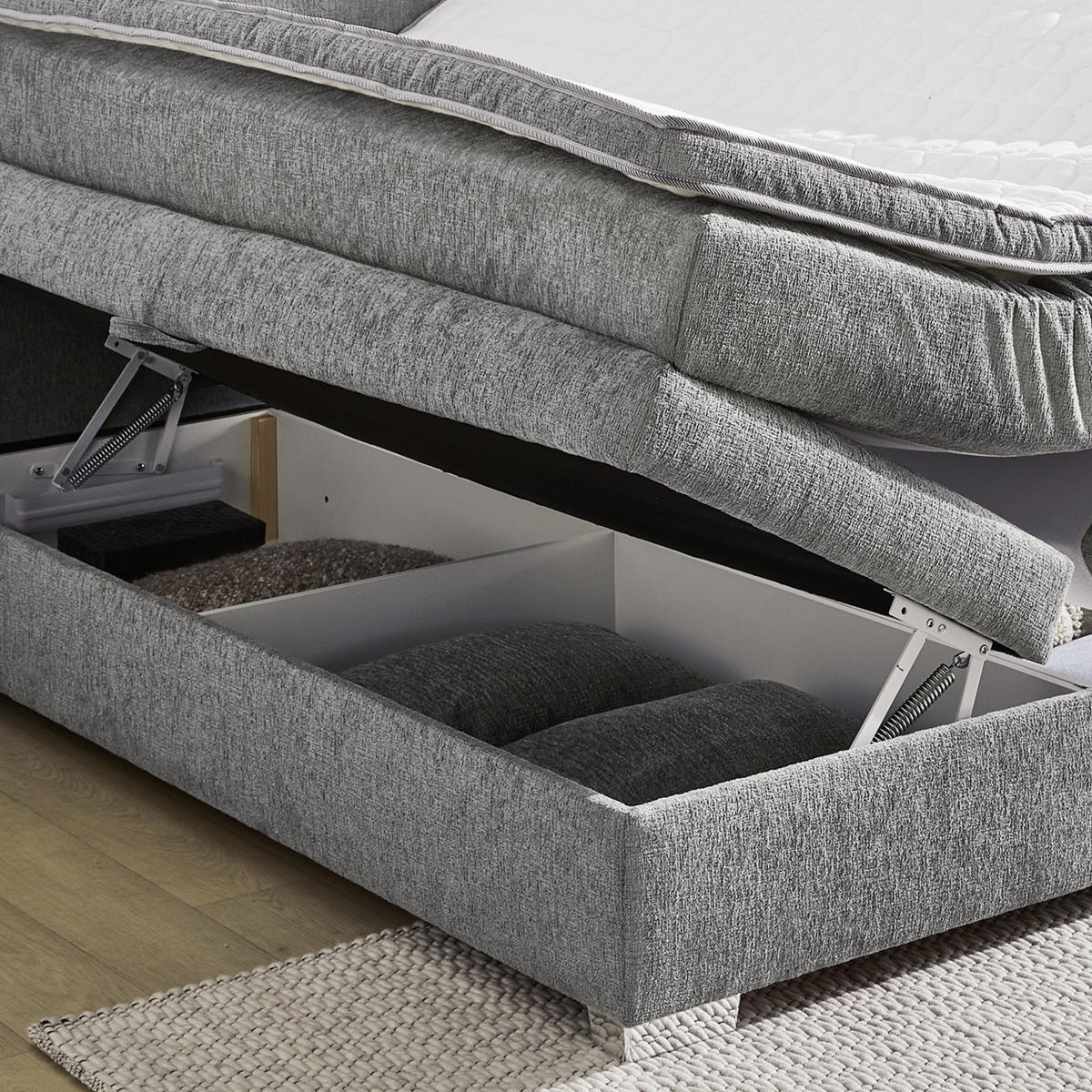 BOXSPRINGBETT 140x200 cm, 7-Zonen-Tonnentaschen-Federkernmatratze H4, Topper, Bonell-Federkern, 2 große Bettkästen, Chenille Grau / 20010 - Chromfarben/Grau, Kunststoff/Textil (140/200cm) - luma-home