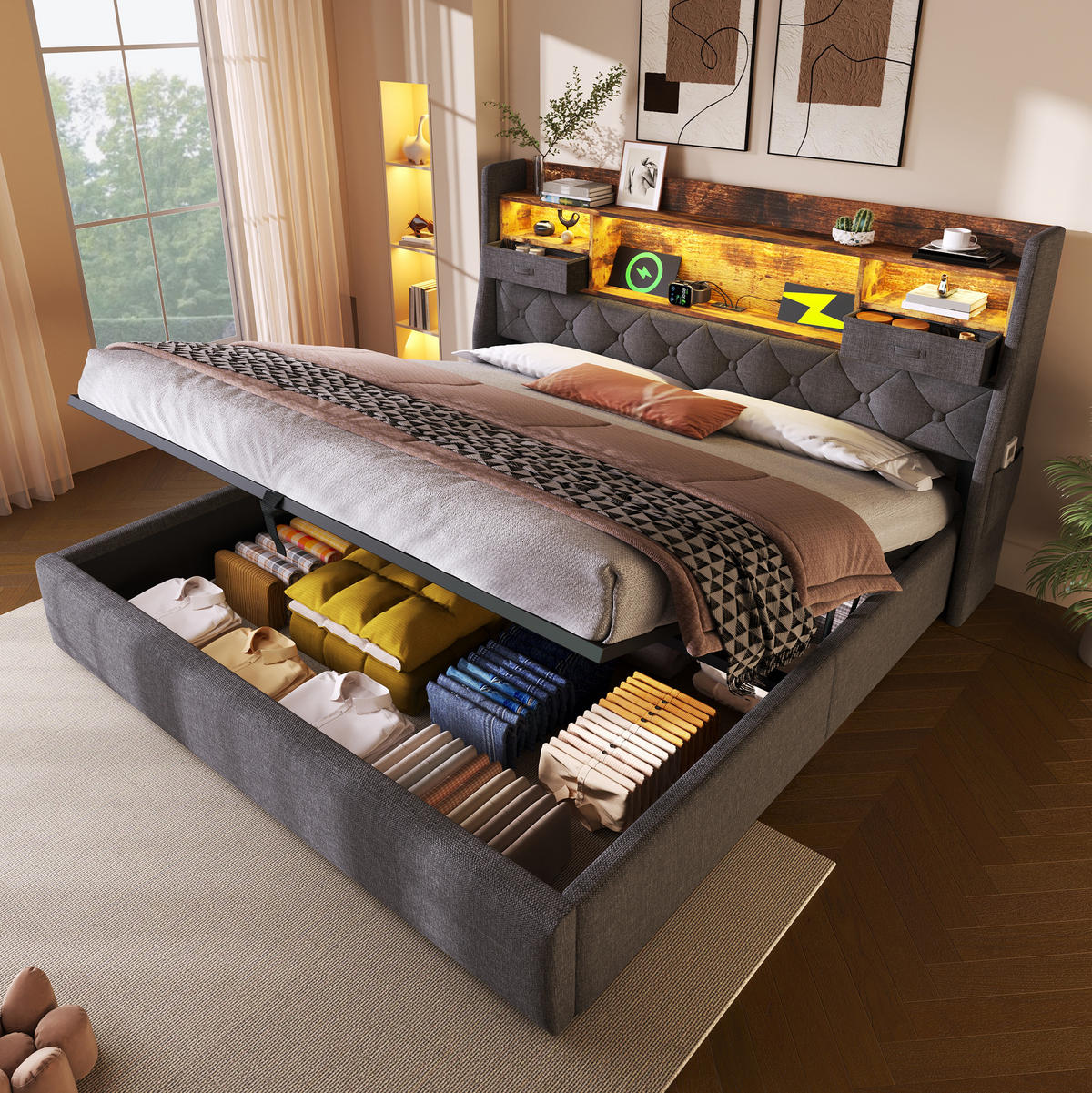 POLSTERBETT mit LED-Beleuchtung 180/200 cm mit Bettkasten & Ladestation - Grau, Textil (180/200cm) - BEAOK