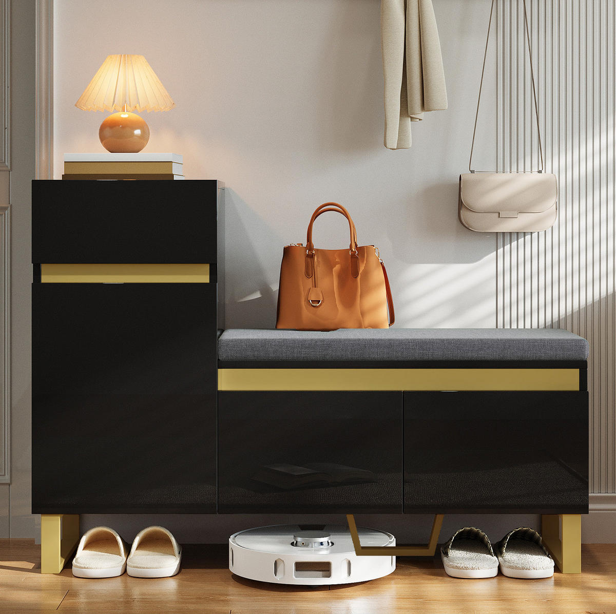 SCHUHSCHRANK 120/35/85 cm in Schwarz mit Sitzkissen und Schublade - Schwarz, Holzwerkstoff (120/85/35cm) - Flora Grace