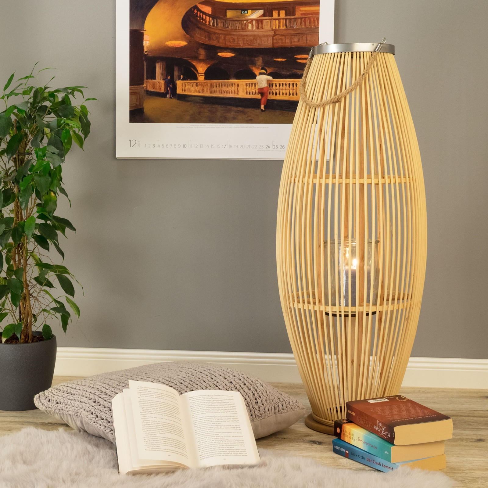 LATERNE Zya 80 Bambus, mit Henkel und Glaseinsatz naturfarben - Naturfarben, Holz (33/80/33cm) - CREEDWOOD