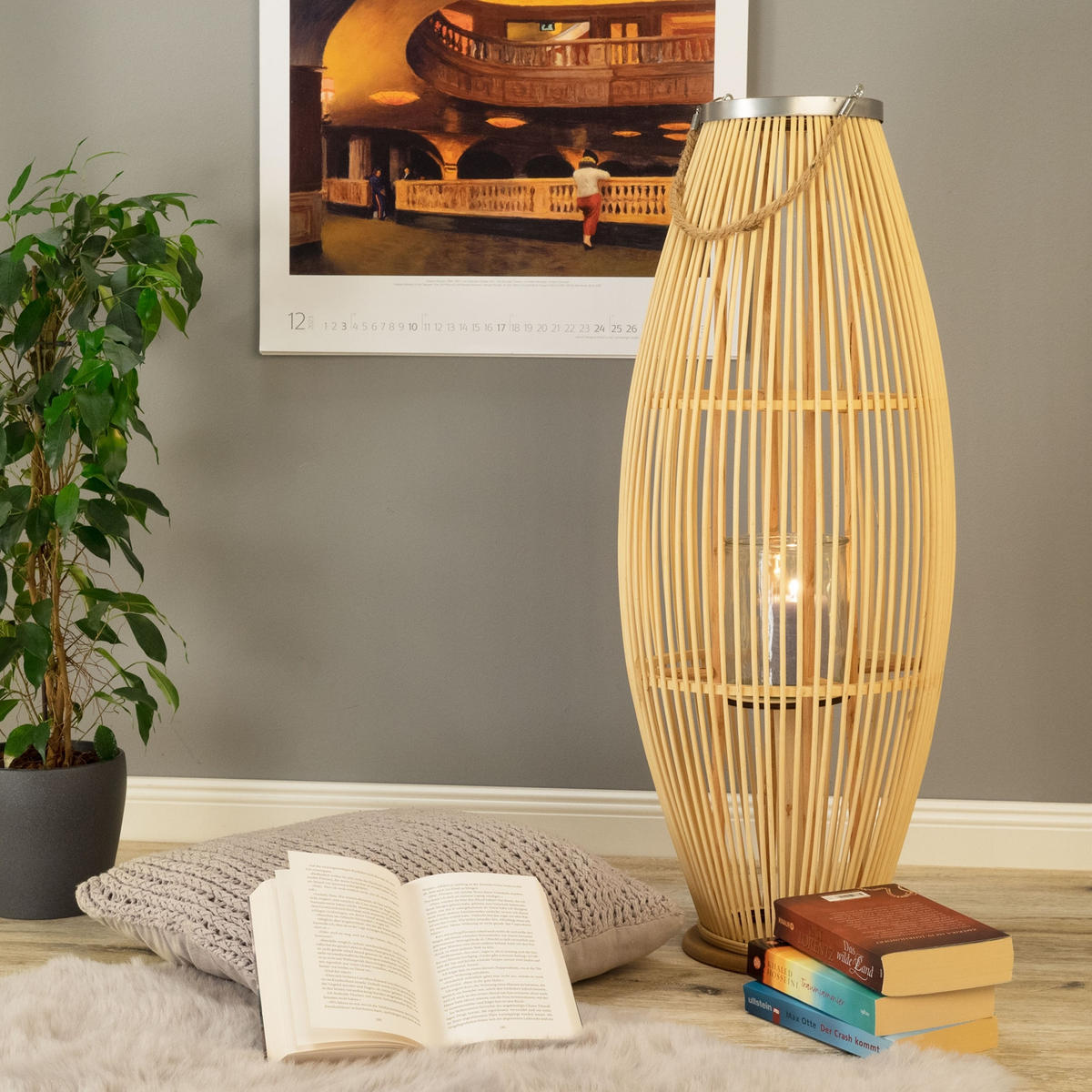 LATERNE Zya 80 Bambus, mit Henkel und Glaseinsatz naturfarben - Naturfarben, Holz (33/80/33cm) - CREEDWOOD
