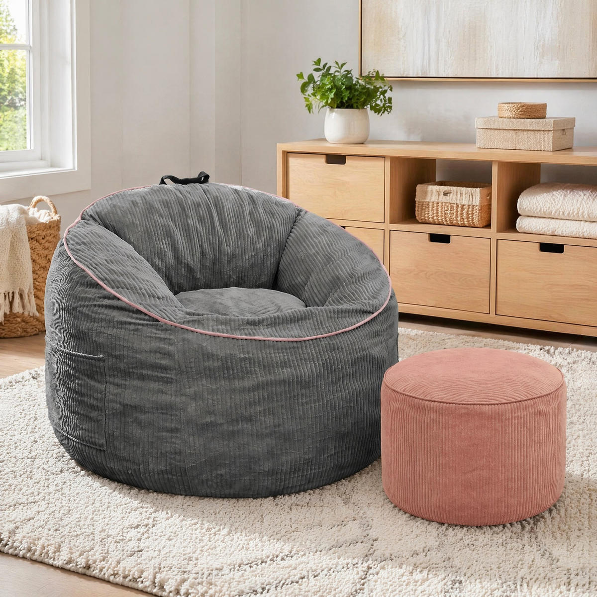 SITZSACK mit Seitentasche und Hocker Grau Flanell - Grau, Kunststoff (95/80/103cm) - Meubliv