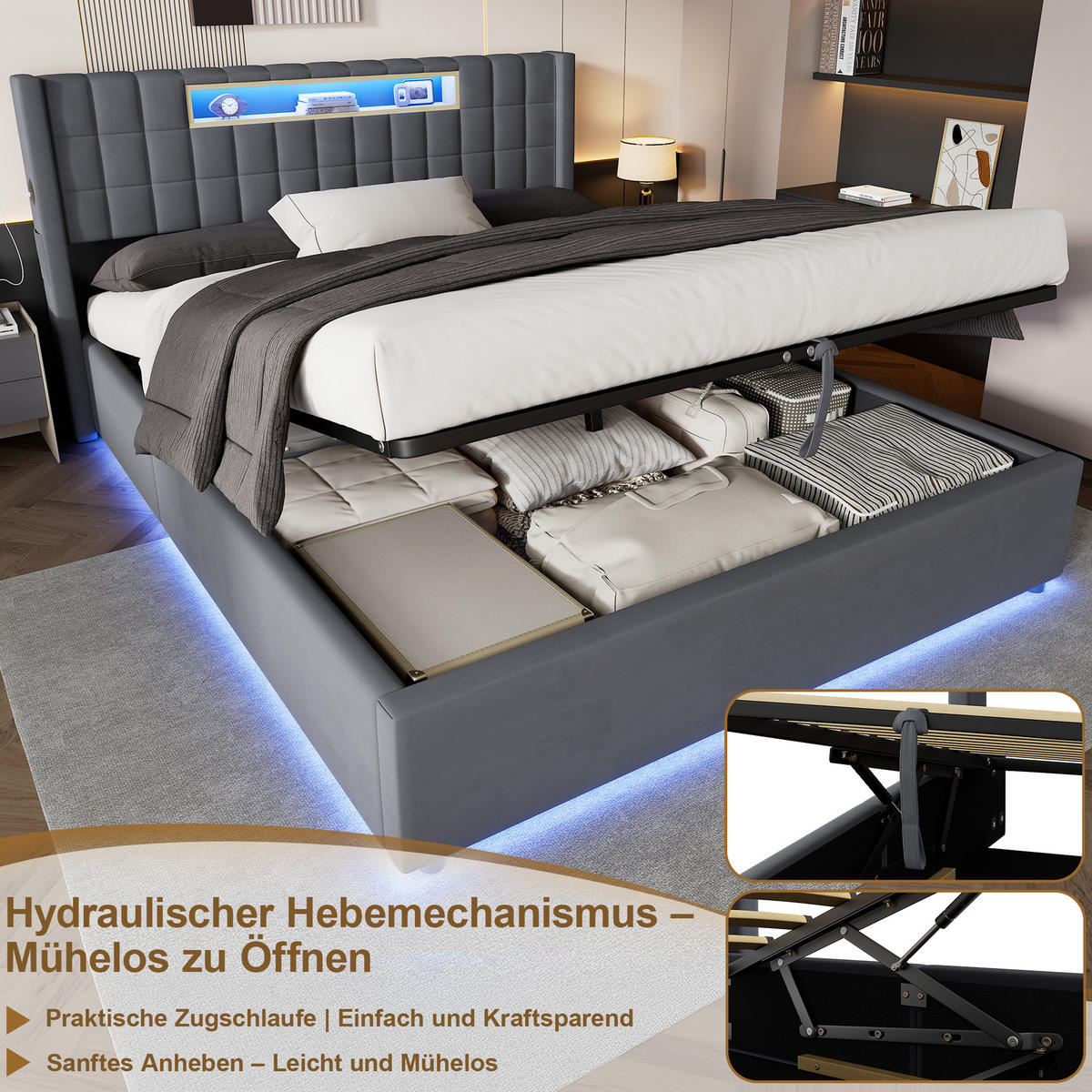 POLSTERBETT Dunkelgrau 214/171/98 cm aus Samt, hydraulischer Stauraum, LED und Ladeanschlüsse - Dunkelgrau, Textil (160/200cm) - Modenvie