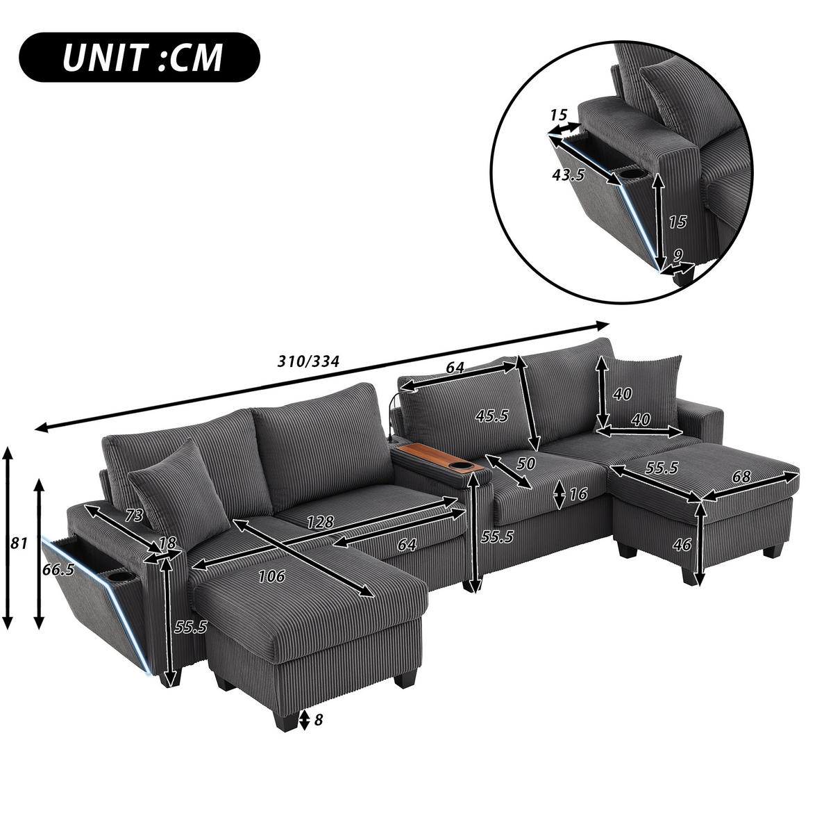 SOFA in U-Form mit 2 Hockern Grau Cord 334 cm - Grau, Holz (128.5/81/334cm) - Meubliv