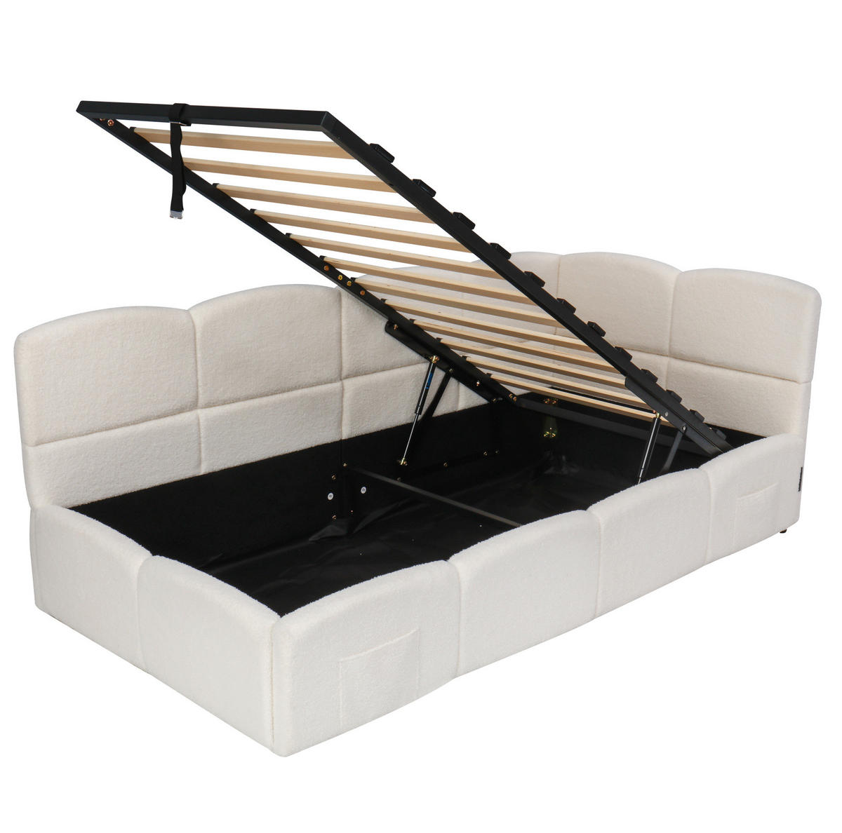 POLSTERBETT 90/200 cm mit hydraulischem Stauraum, USB-A/USB-C, Stautaschen und Bouclé-Bezug, Beige - Beige, Textil (90/200cm) - Redom