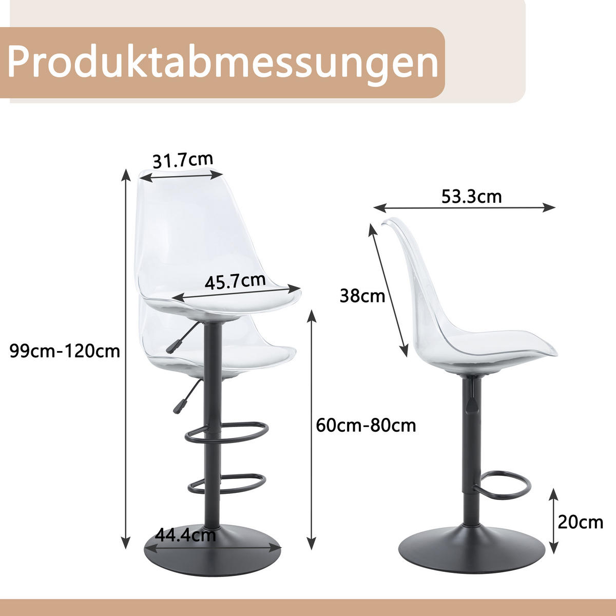 BARHOCKER 2er-Set Schwarz/Transparent mit PU-Leder und Rückenlehne - Schwarz, Metall (45.7/99/53.3cm) - PANGIVO