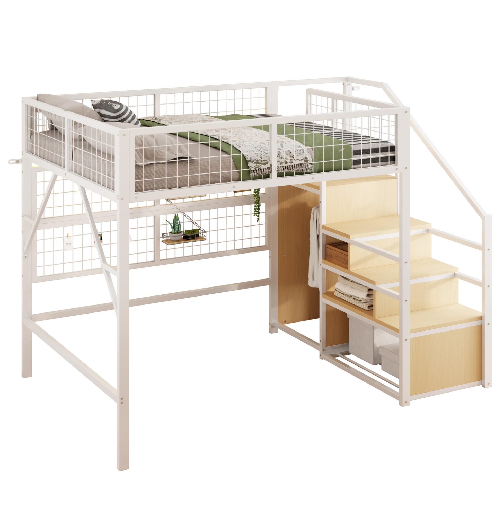 HOCHBETT 140/200 cm Weiß aus MDF und Metall mit Stauraum und LED-Beleuchtung - Weiß, Metall (140/200cm) - OKMYHOME