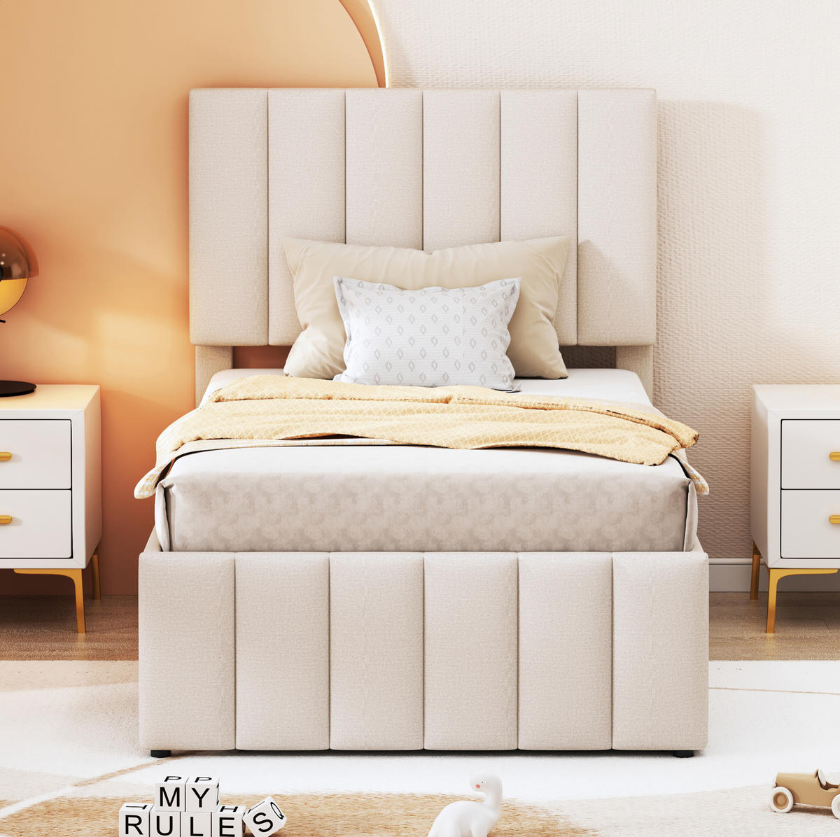POLSTERBETT 90/200 cm Beige mit Ausziehbett und 3 Schubladen höhenverstellbares Kopfteil - Beige, Textil (90/200cm) - OKWISH