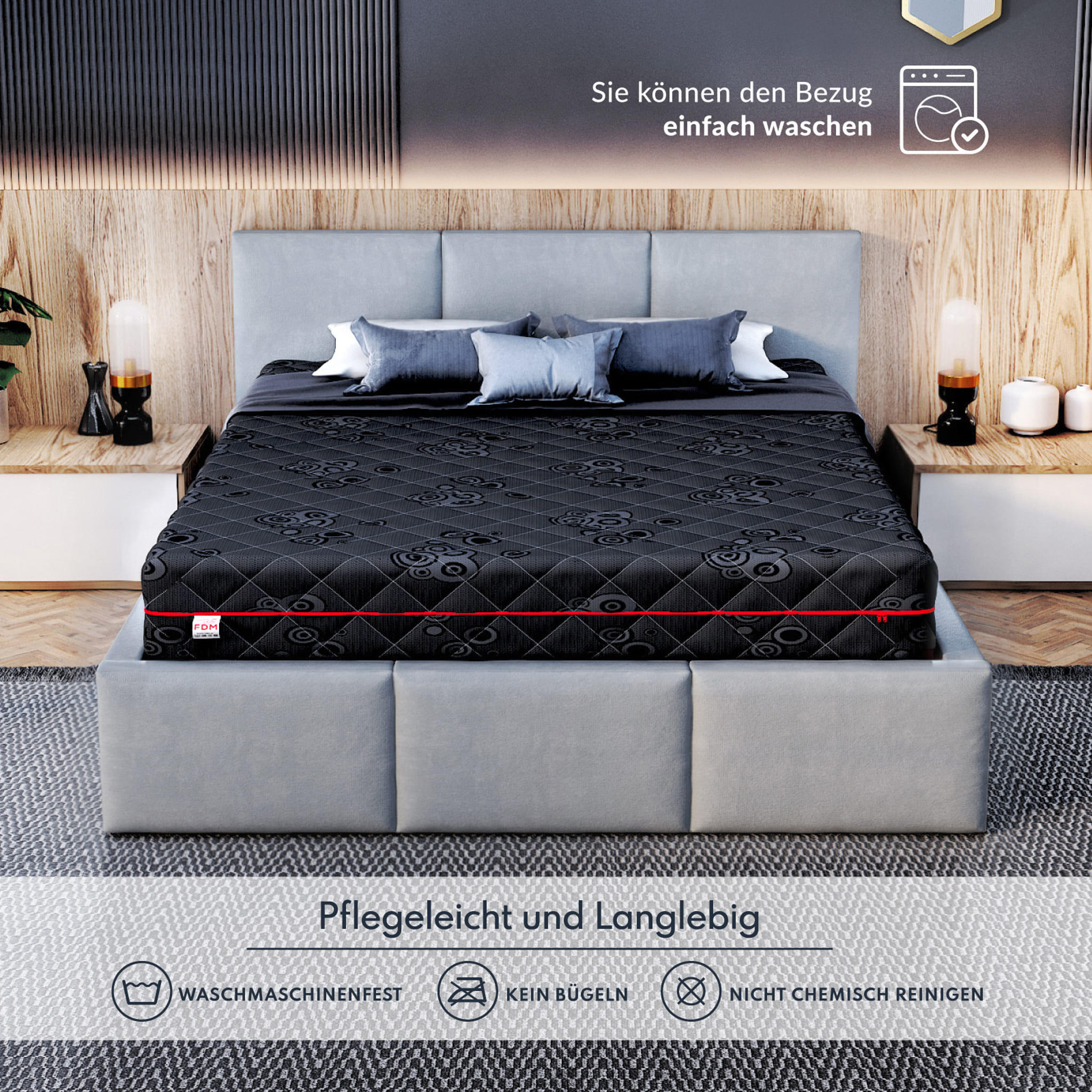 Thumbnail - FDM Taschenfederkernmatratze, Schwarz, Textil, H3 + H4, Füllung: Taschenfederkern, Rechteckig, 120x200 cm, Oeko-Tex® Sta...