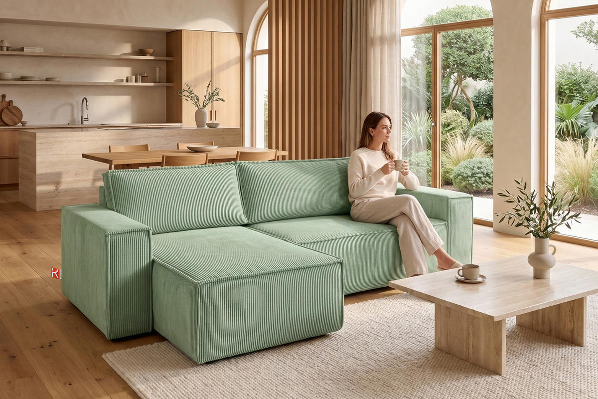 ECKSOFA-LINKS/RECHTS NAPI Schlaffunktion mit Cordbezug, mintfarben - Schwarz/Mintgrün, Textil (262/148cm) - KONSIMO®