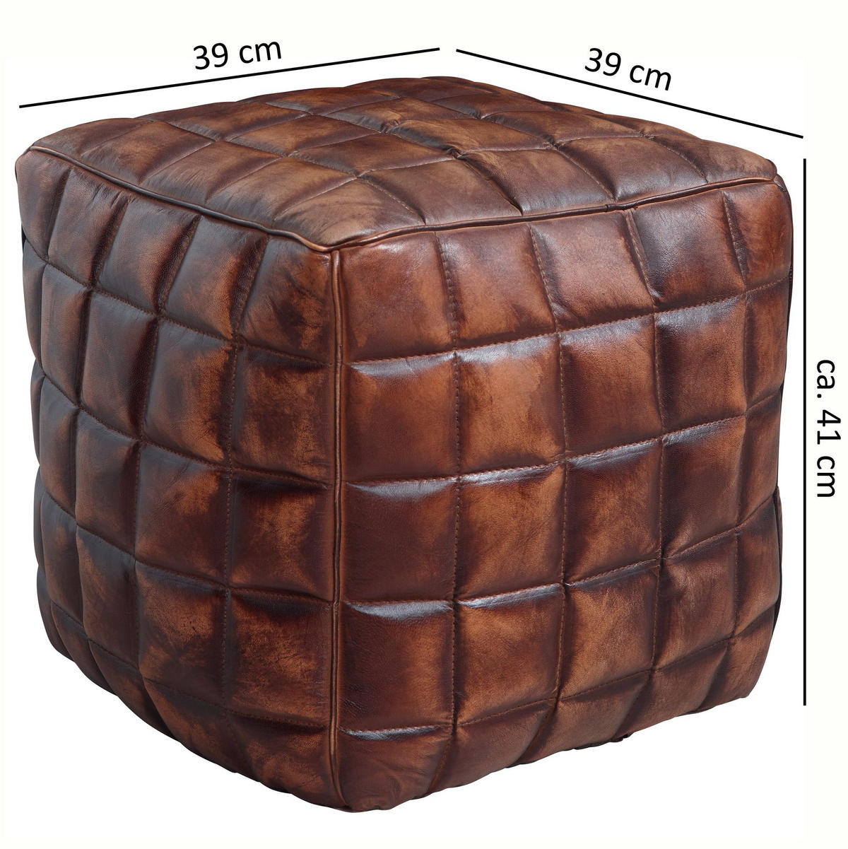 SITZHOCKER – Echtleder, 41x39x39 cm, abgesteppte Quadrate, Used-Look - Braun, Leder (39/41/39cm) - KADIMA DESIGN