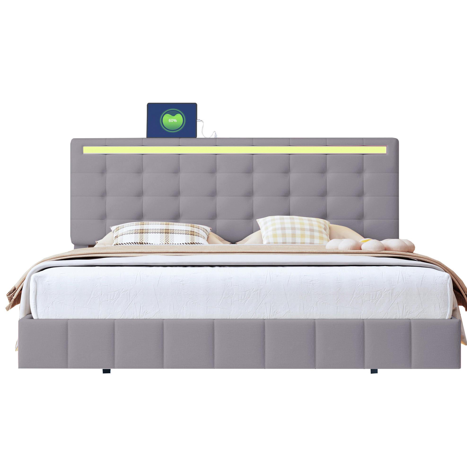 POLSTERBETT 160/200 cm mit LED-Beleuchtung und schwebender Optik, Beige - Grau, Textil (160/200cm) - Redom