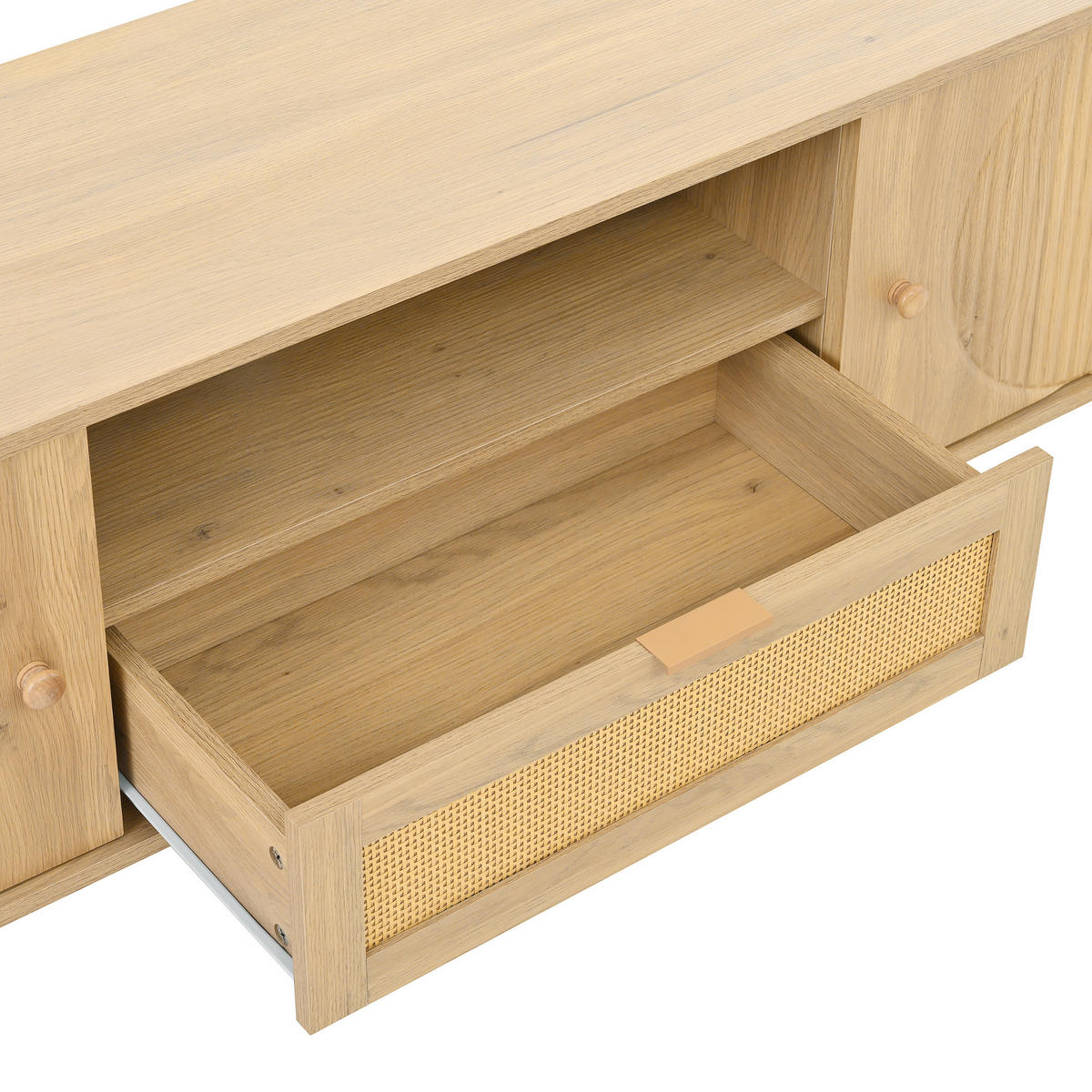 TV-SCHRANK 175 cm Natur Holzoptik mit Rattan-Schublade, Runddesign & offenen Fächern - Naturfarben, Holzwerkstoff (175/51/36cm) - Urban Meuble