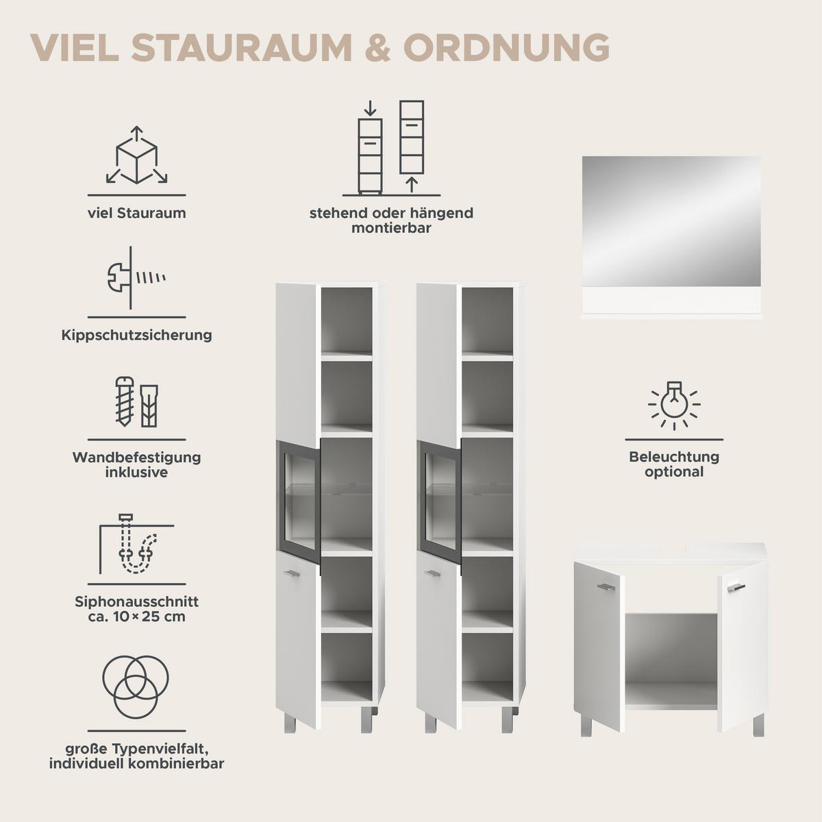 BADKOMBINATION 4tlg. Boston/Tampa Bad in weiß Nachbildung und schwarz B/H/T: 137x186x33 cm - Weiß, Holzwerkstoff (137/186/33cm)