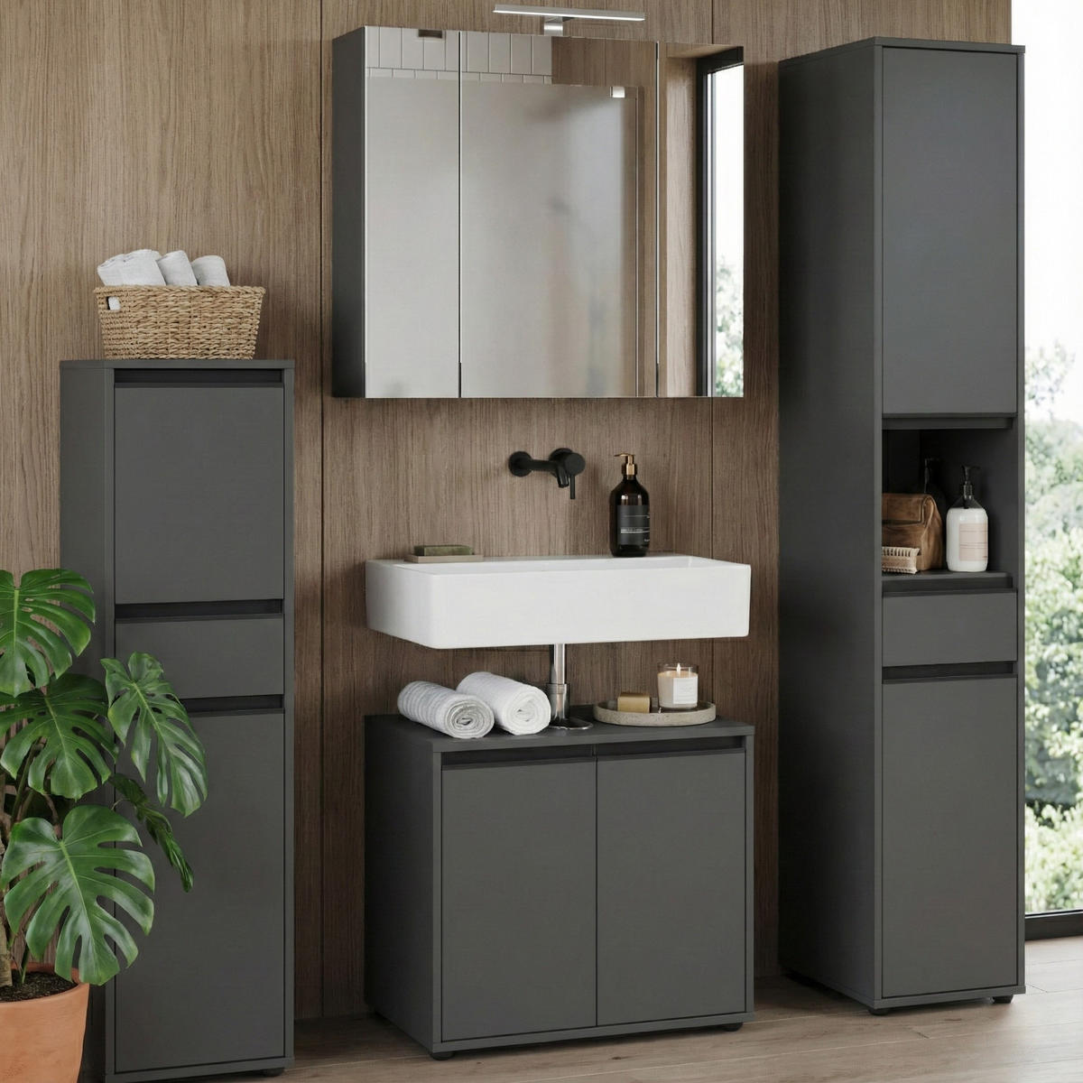 HOCHSCHRANK HAMBURG Soft-Close Modern 33x181x34 cm Graphit - Schwarz, Holzwerkstoff (33/181/34cm) - KADIMA DESIGN