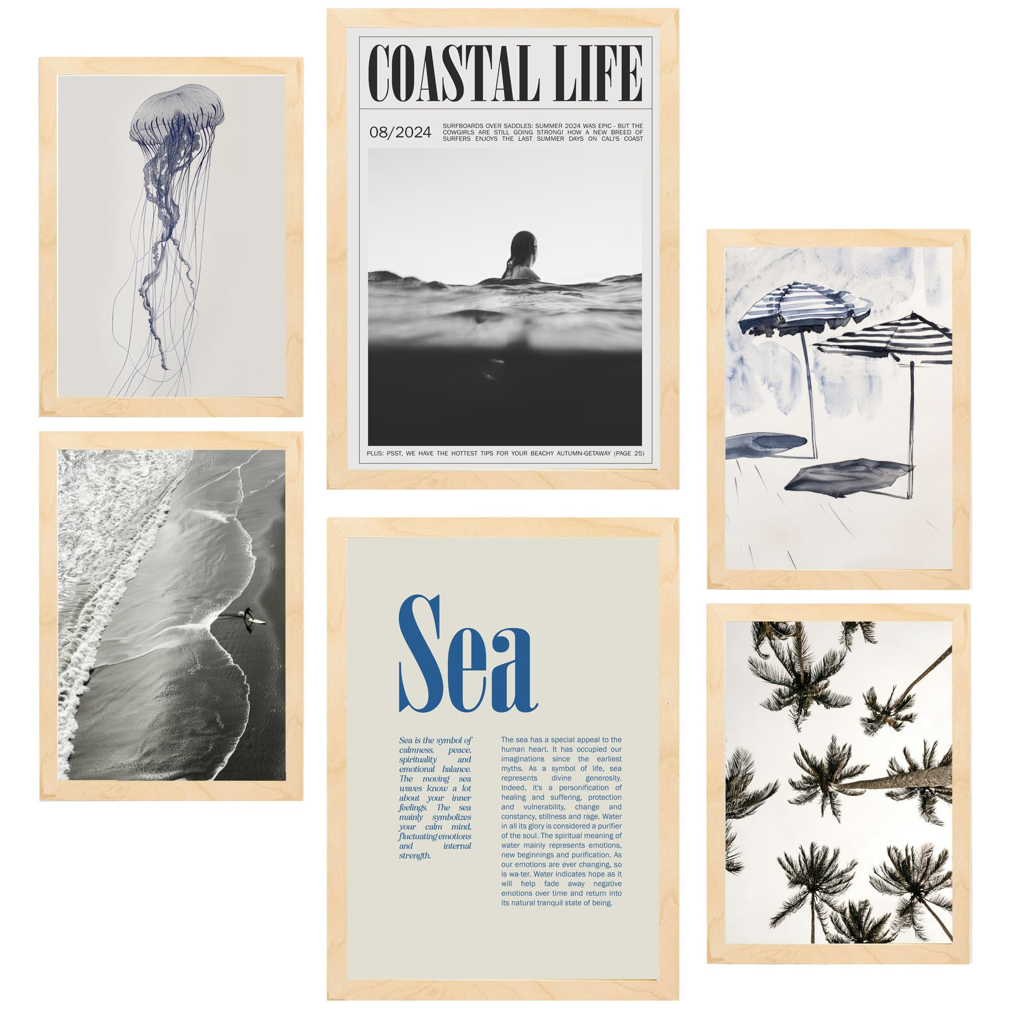 POSTER Set Mit 6 Marineblau Blau Meer & Sommer A3 & A4 Rahmen Aus Hellem Holz - Beige, Papier (29/3cm) - Nacnic