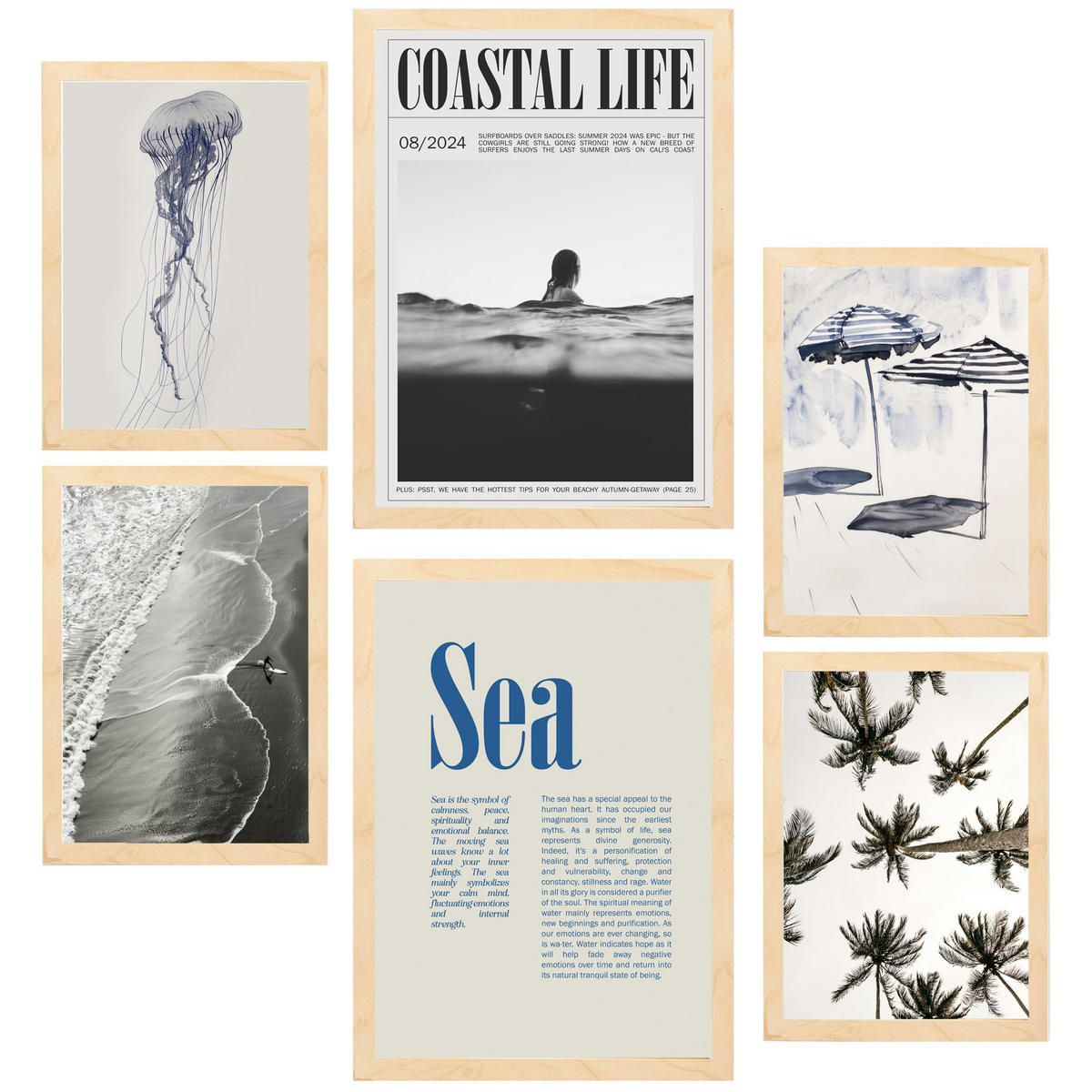 POSTER Set Mit 6 Marineblau Blau Meer & Sommer A3 & A4 Rahmen Aus Hellem Holz - Beige, Papier (29/3cm) - Nacnic