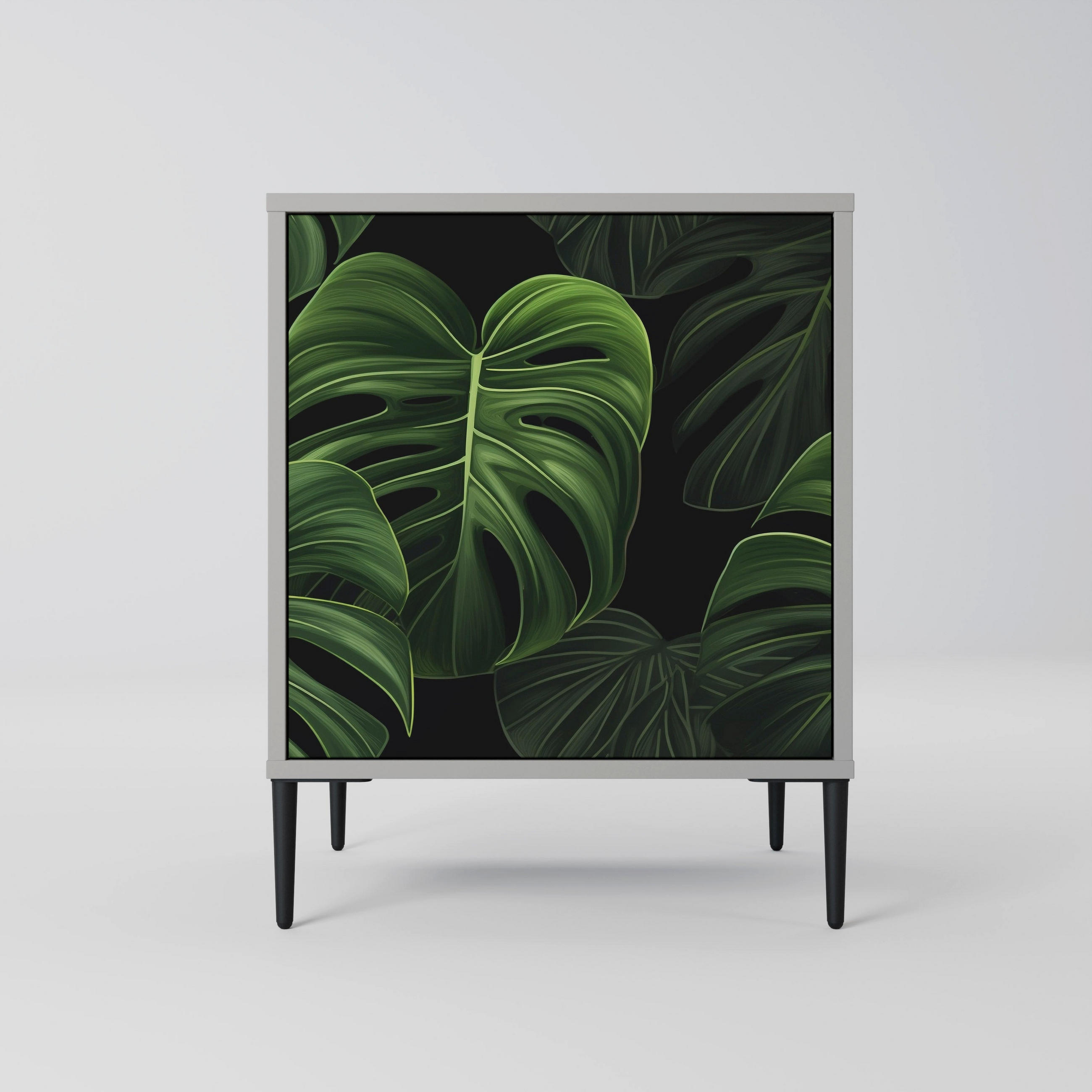 SIDEBOARD INFINITE MONSTERA, Grau, 57,5x42x72,5 cm, Schwarze Metallfüße - Multicolor/Schwarz, Holzwerkstoff/Metall (57.5/72.5/42cm) - SpaceRebels