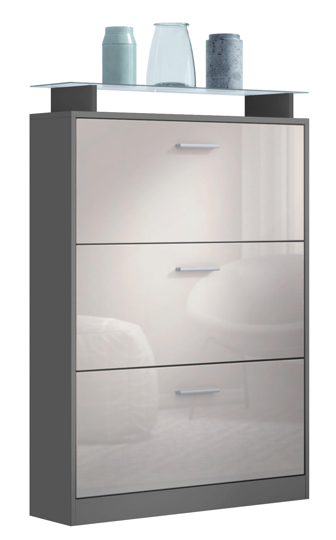 SCHUHSCHRANK Lavia Front in Sandgrau Hochglanz - Sandfarben, Holzwerkstoff (89/128/23cm) - Vladon