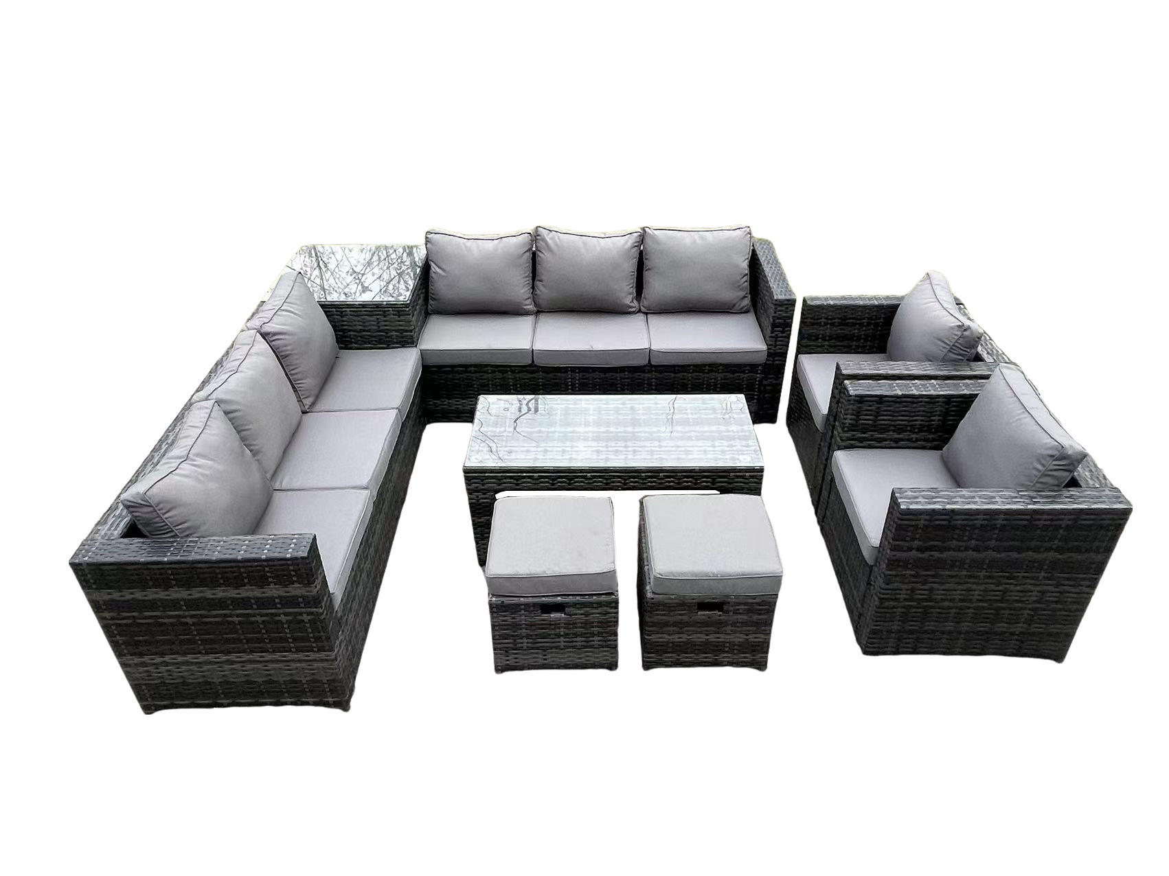 GARTENTISCHGRUPPE Polyrattan 10-Sitzer - Dunkelgrau/Grau, Glas/Kunststoff - Fimous