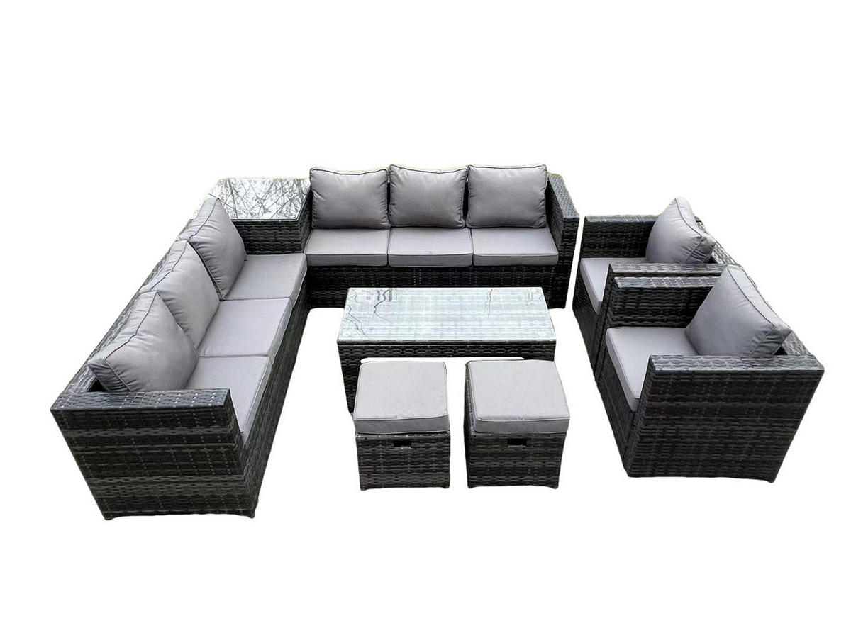 GARTENTISCHGRUPPE Polyrattan 10-Sitzer - Dunkelgrau/Grau, Glas/Kunststoff - Fimous