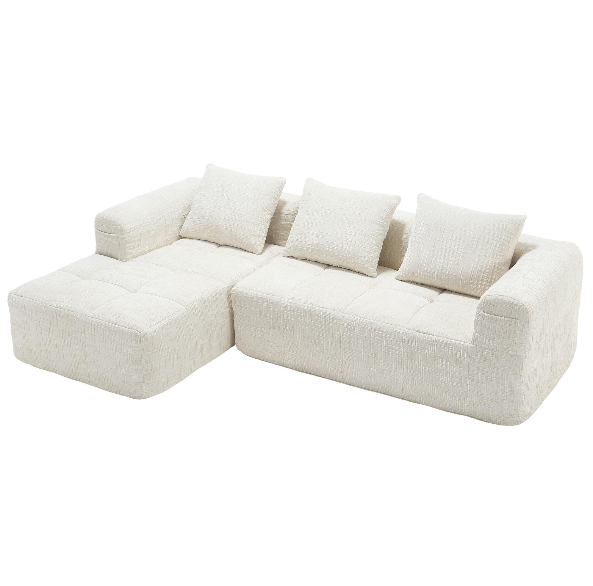 ECKSOFA 250/158/60 cm mit Chaiselongue, 3 Kissen und Seitentaschen, Chenille, Beige - Weiß, Textil (158/250cm) - Redom