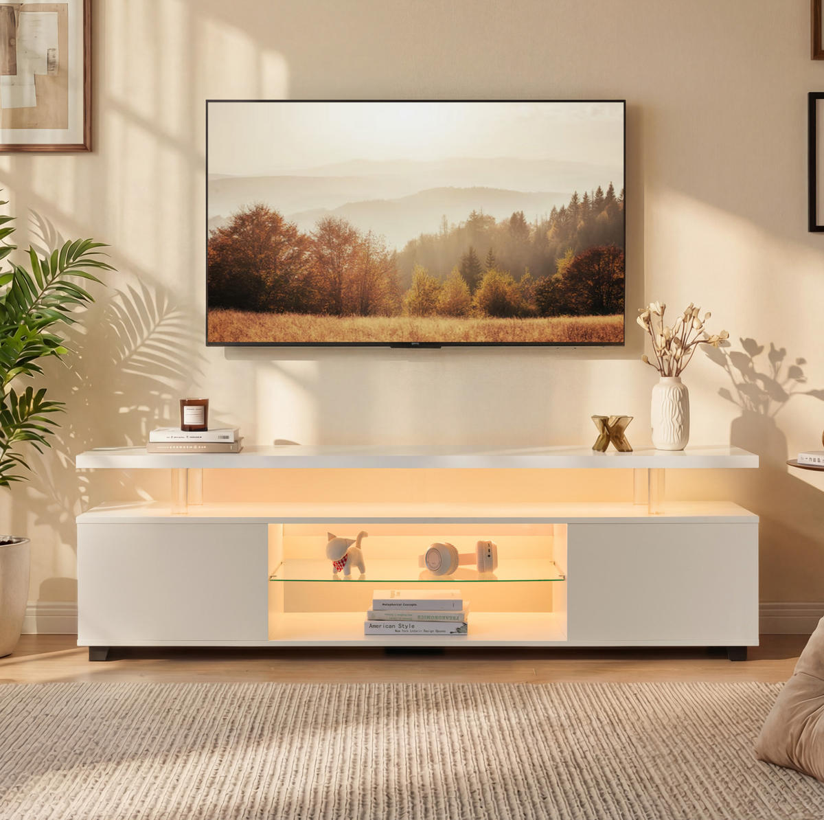 LOWBOARD aus Holzwerkstoff mit LED-Beleuchtung und 3 Stauräumen für TVs bis 60 Zoll Weiß - Weiß, Holzwerkstoff (130/48/40cm) - Modenvie