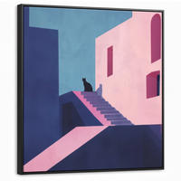 LEINWAND Bilder mit Rahmen - Katze - Treppe - Gebäude - Schattenkontraste - 90x90 - Dunkelblau, Textil (90/90cm) - MuchoWow