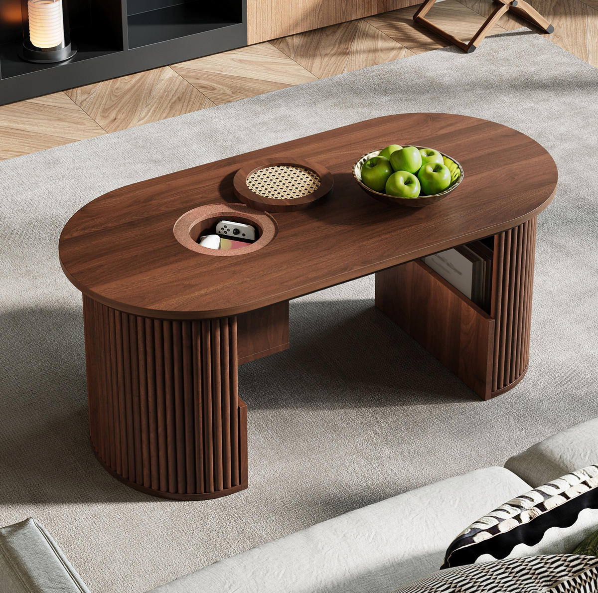 KONFERENČNÝ stolík 105/50/46,5 cm z MDF s úložnými priehradkami a oválnou doskou, Orechová - farba orecha, kompozitné drevo (105/50/46.5cm) - Redom