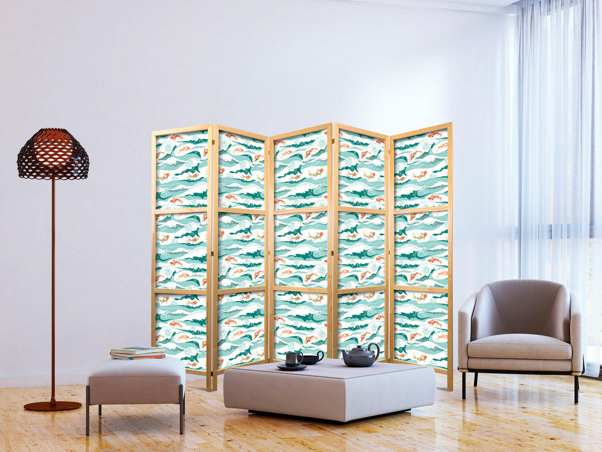 PARAVENT Japanischer 5-tlg 225x172 cm Fische Blumen Meereswellen - Türkis, Holz/Textil (225/172/3cm) - Muralo