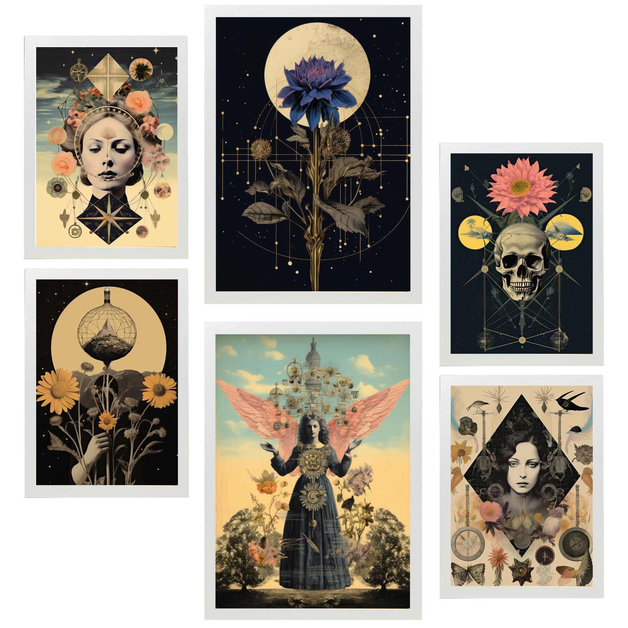 POSTER Set Mit 6 Floralen Mystischen Esoterischen A3 & A4 Weißer Rahmen - Weiß, Papier (29/3cm) - Nacnic